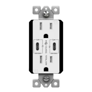 15 Amp Duplex Outlet with Dual USB-C Outlet Tamper-Resistant, 60 W Power Delivery, White