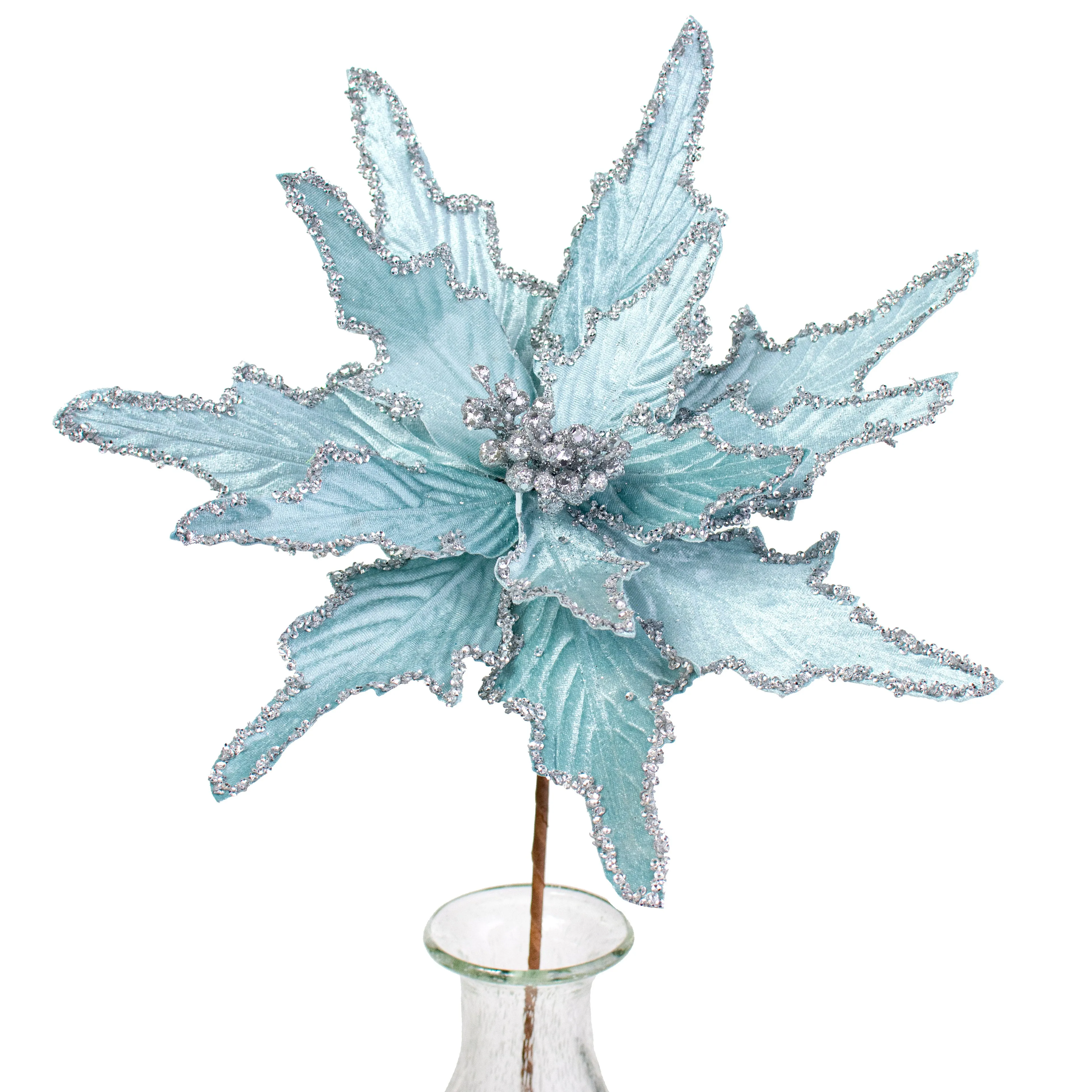 22" Velvet Poinsettia Stem: Light Blue