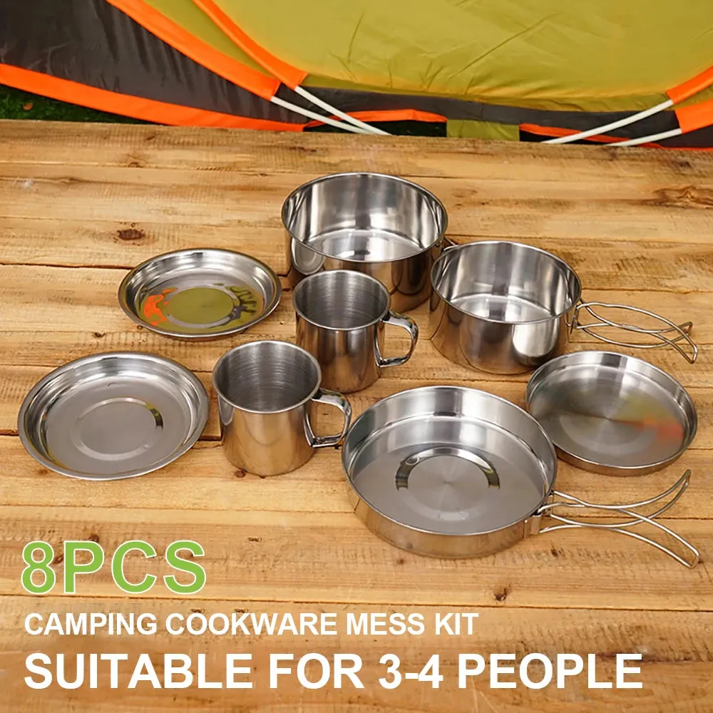 8pcs/Set Camping Cookware Mess Kit Stainless Steel Cooking Pot and Pan Set with Plates Cups for Outdoor Hiking Backpacking