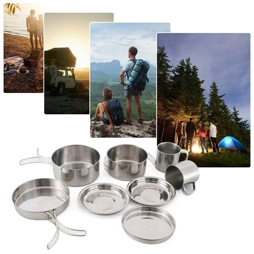 8pcs/Set Camping Cookware Mess Kit Stainless Steel Cooking Pot and Pan Set with Plates Cups for Outdoor Hiking Backpacking