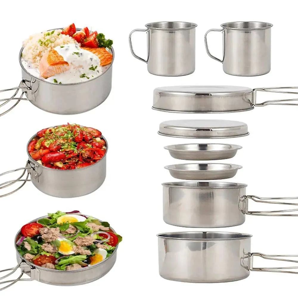 8pcs/Set Camping Cookware Mess Kit Stainless Steel Cooking Pot and Pan Set with Plates Cups for Outdoor Hiking Backpacking