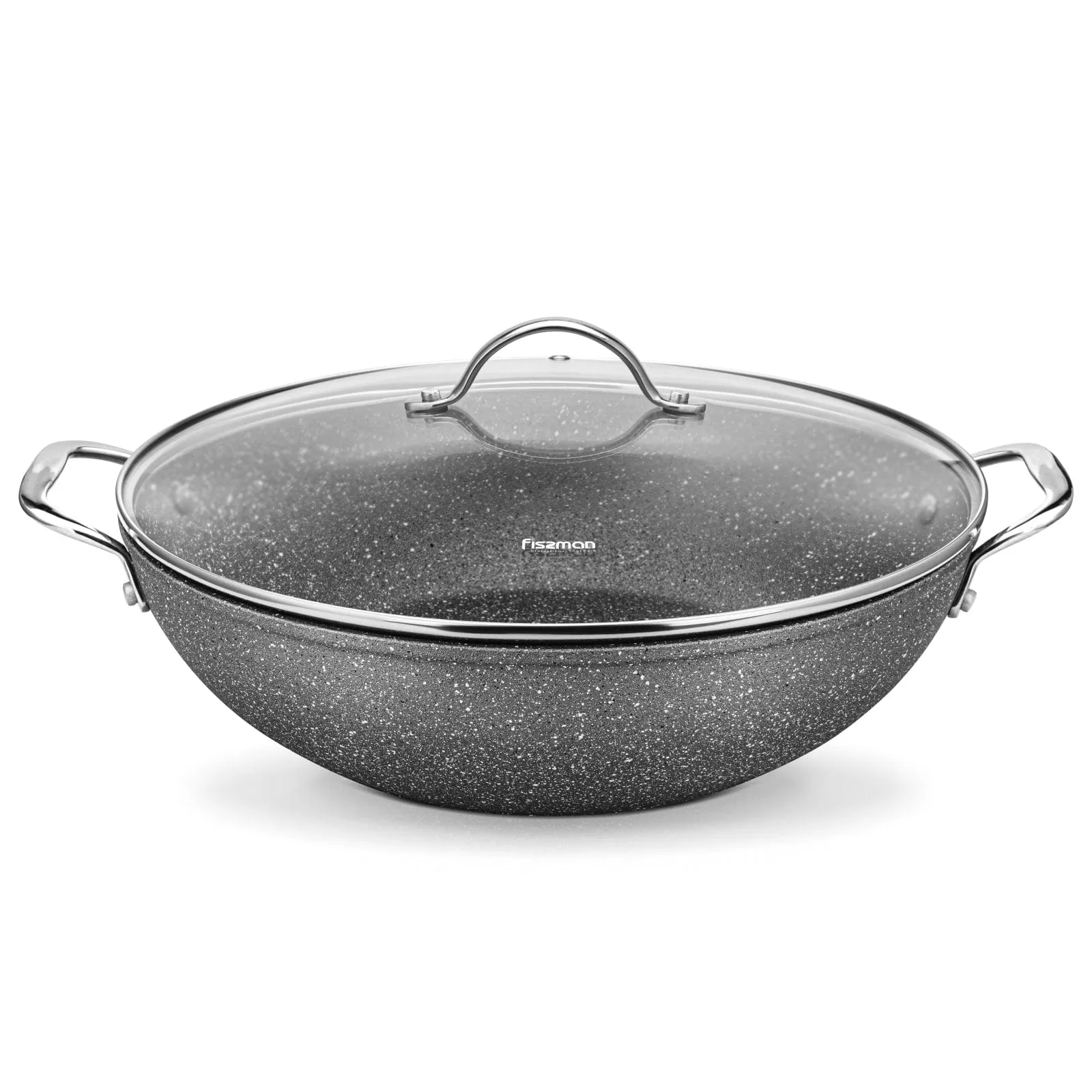 Fissman Wok Pan Aluminum Non-Stick Coating  Moon Stone Series With Glass Lid 32 x 9cm/5.6LTR Silver