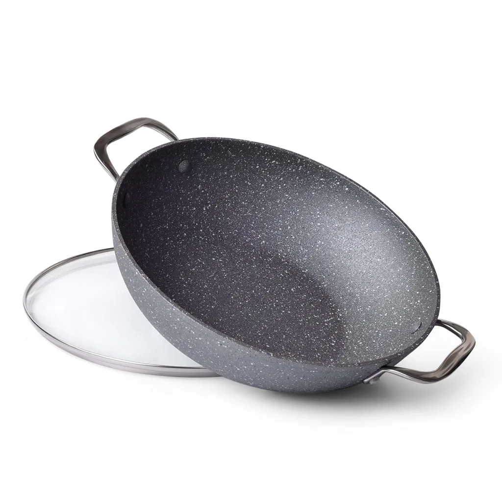 Fissman Wok Pan Aluminum Non-Stick Coating  Moon Stone Series With Glass Lid 32 x 9cm/5.6LTR Silver