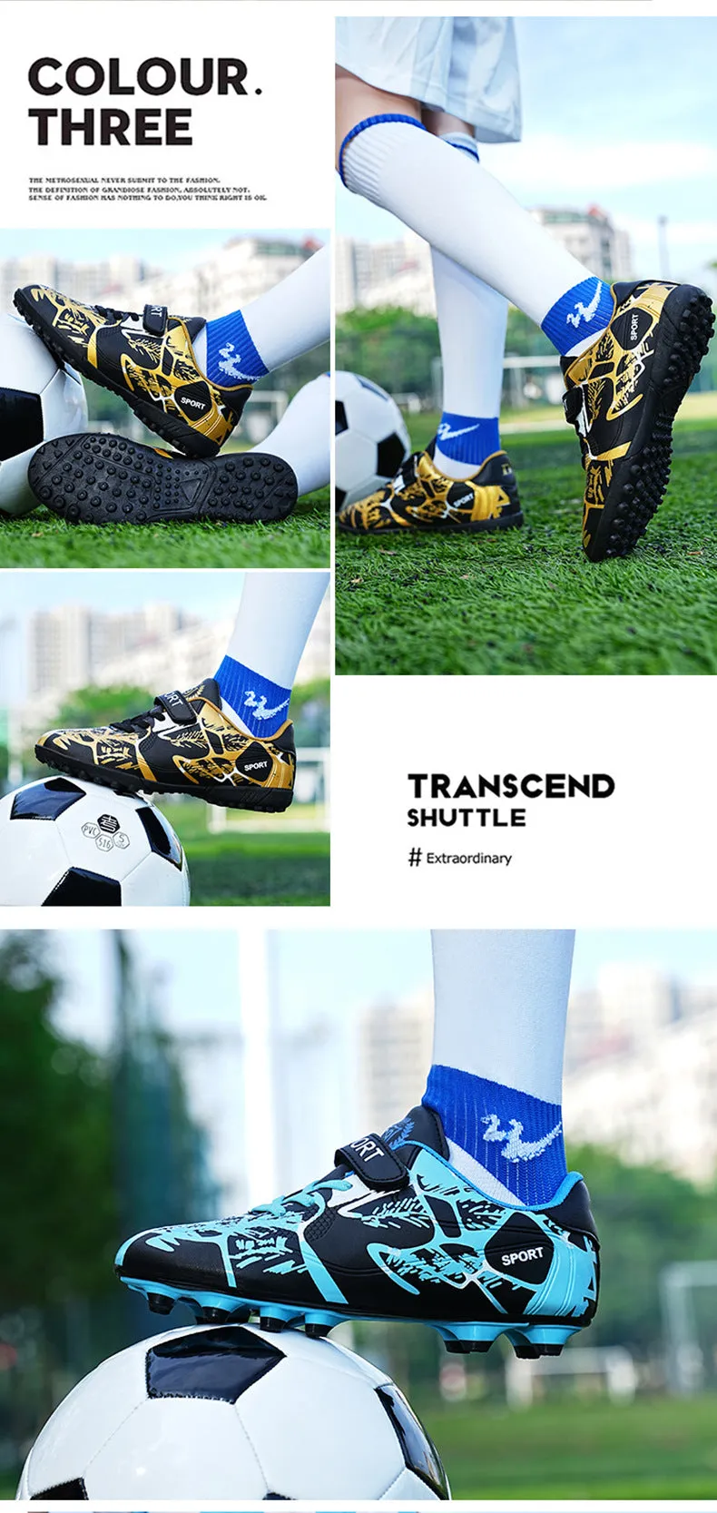 Kids' Soccer Shoes, Magic Tape, Long and TF Studs, Training