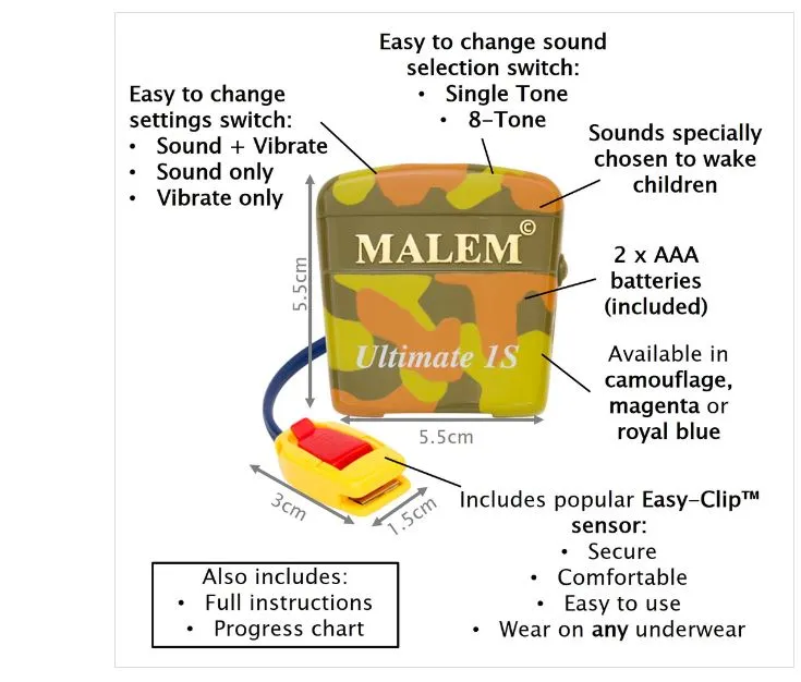 Malem Ultimate Selectable Multi-Tone Bedwetting Alarm