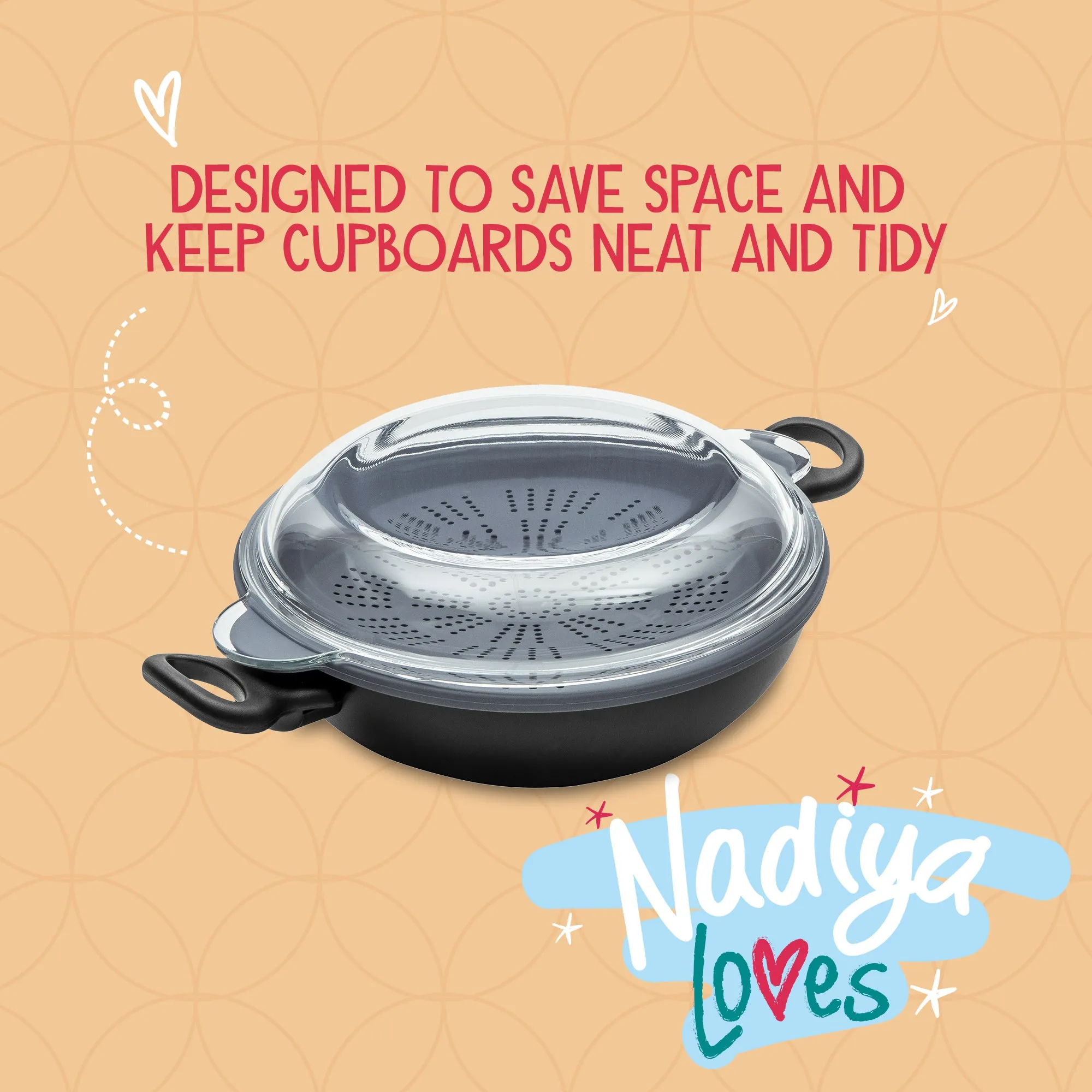 Nadiya Hussain 4 in 1 Non-Stick Wok, Steamer & Multi-Use Glass Lid - Set