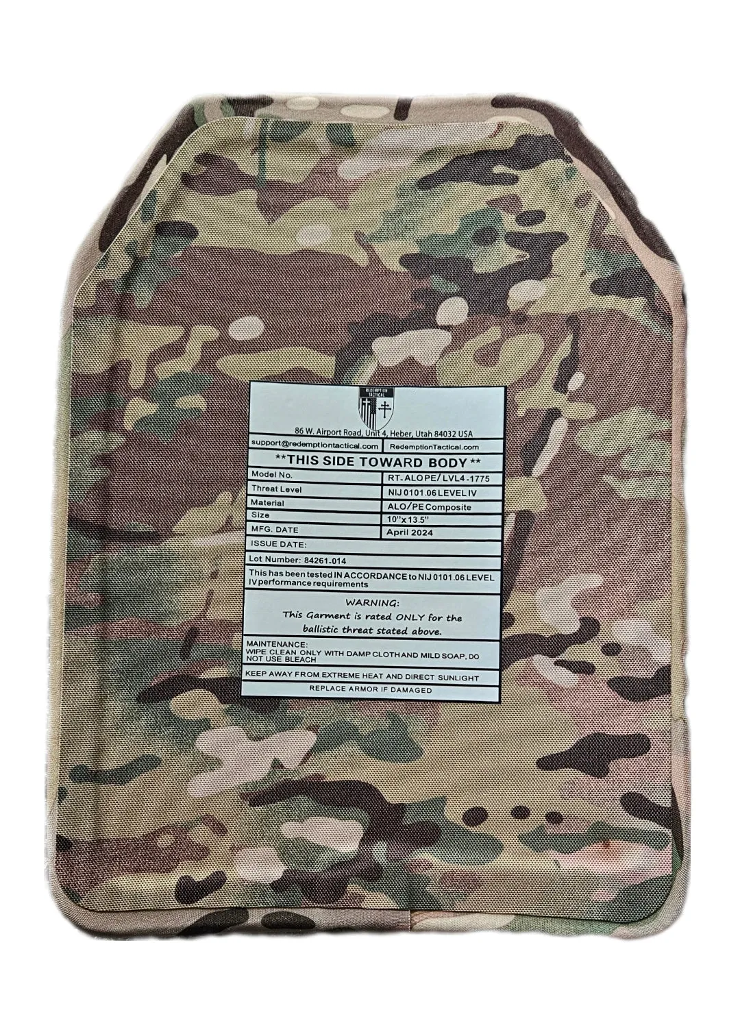 (One Plate) Level IV Ballistic Front or Back Plate (Curved with Shooters Cut)