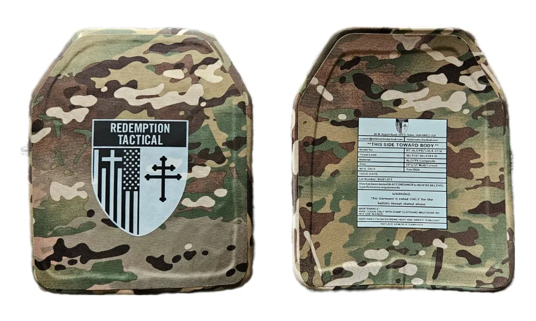 "MULTI-CURVE" SIZE SMALL to LARGE 10x12 Level IV Ballistic Front or Back Plate (MultiCurved with Shooters Cut)