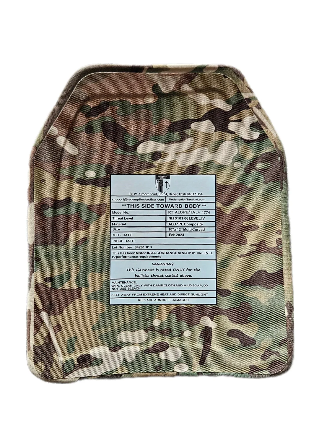 "MULTI-CURVE" SIZE SMALL to LARGE 10x12 Level IV Ballistic Front or Back Plate (MultiCurved with Shooters Cut)