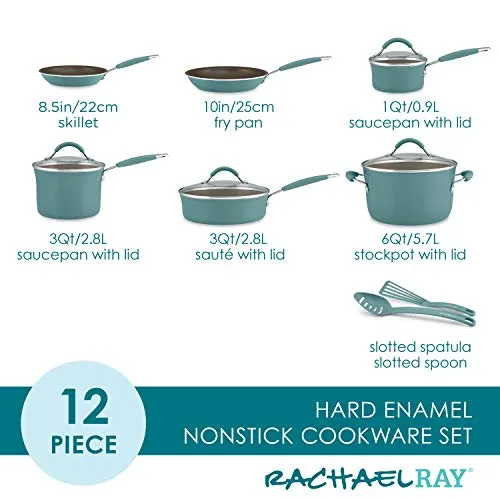 Rachael Ray Cucina Nonstick Cookware Pots and Pans Set, 12 Piece, Agave Blue