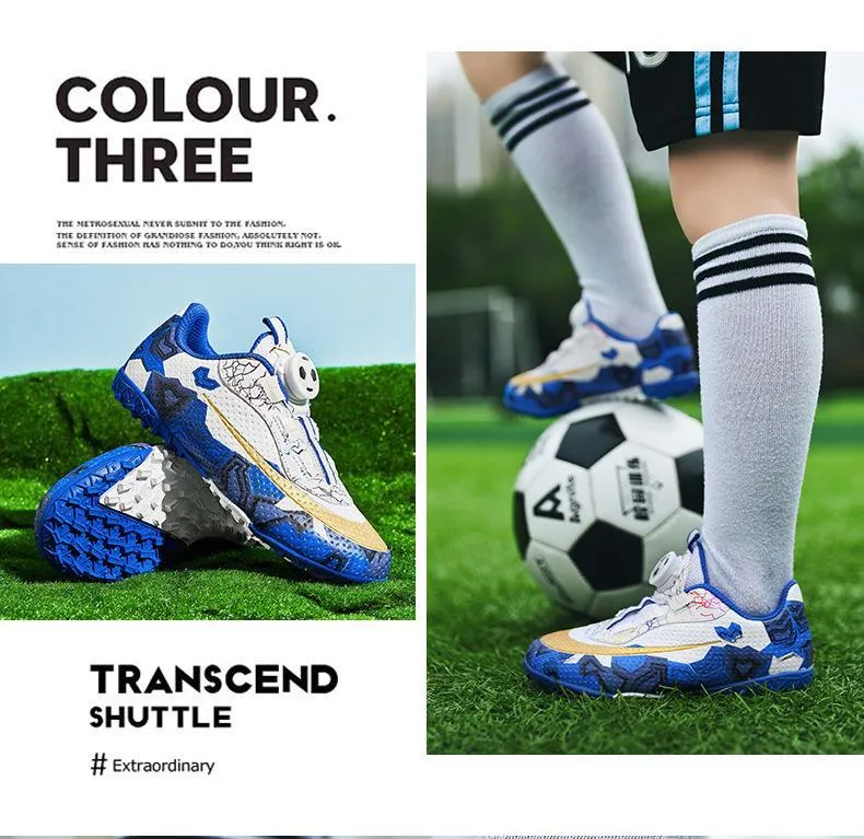 Rotating Button Soccer Shoes for Kids, Magic Tape, TF Studs