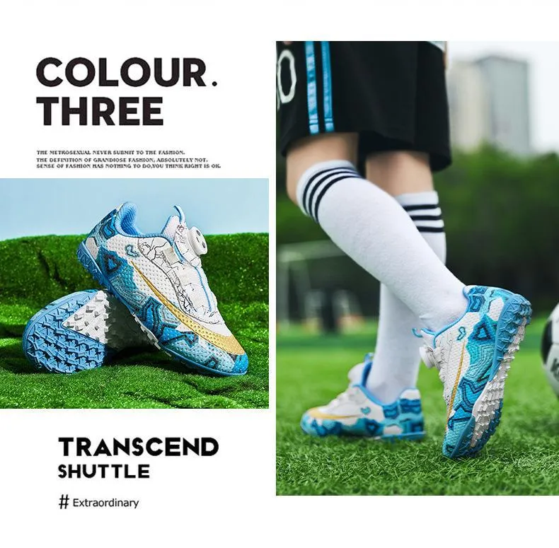 Rotating Button Soccer Shoes for Kids, Magic Tape, TF Studs