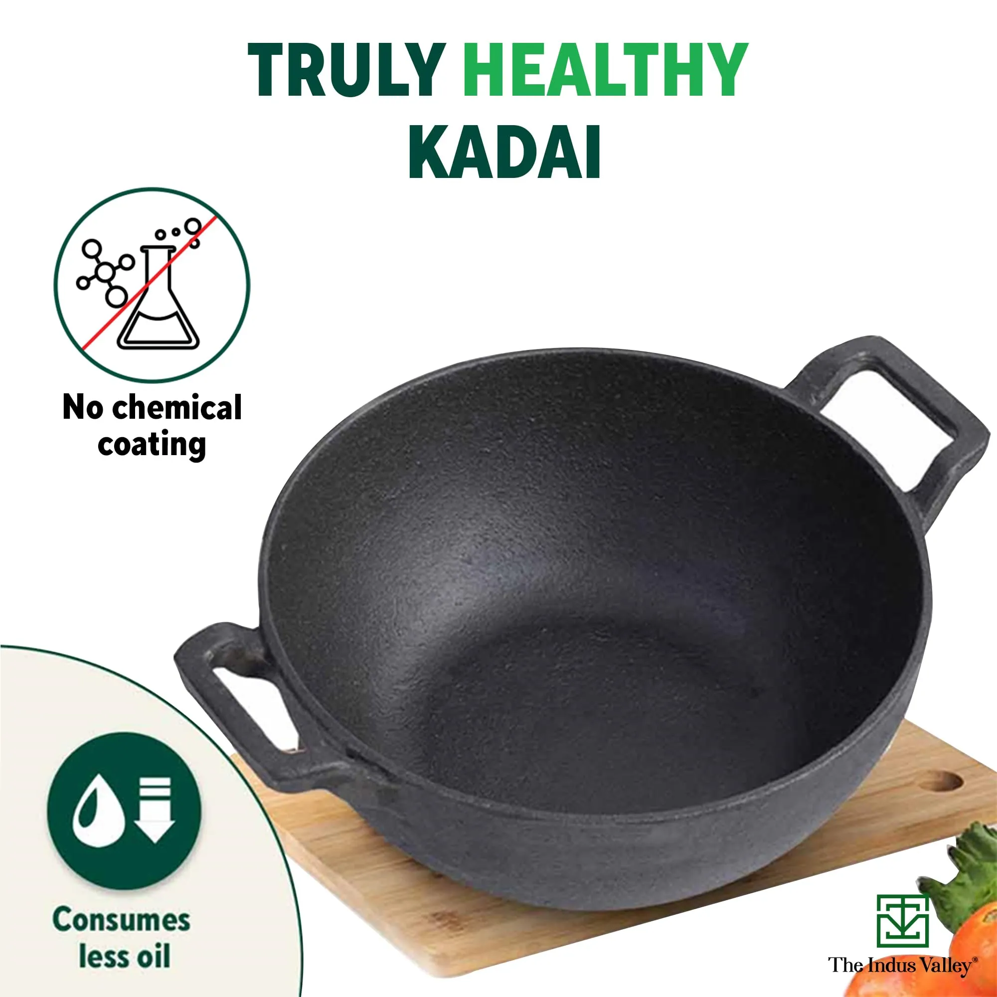 The Indus Valley Pre-Seasoned Cast Iron Kadai with Curved Handle | Medium, 25cm/9.8inch, 3.2Ltr, 3.3kg | Induction Friendly | Naturally Nonstick Kadhai, 100% Pure & Toxin-Free, No Chemical Coating